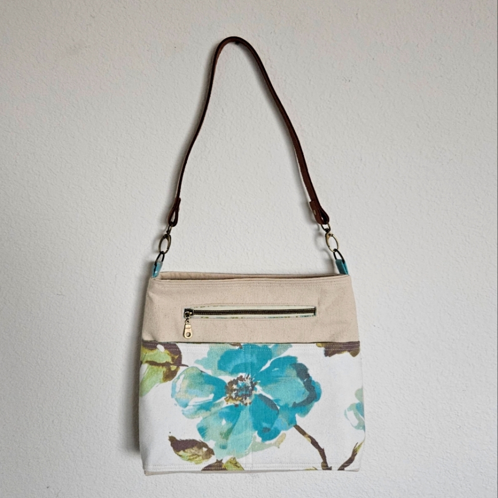 Floral Canvas Shoulder Bag with Leather Strap and Pockets Aqua Cream